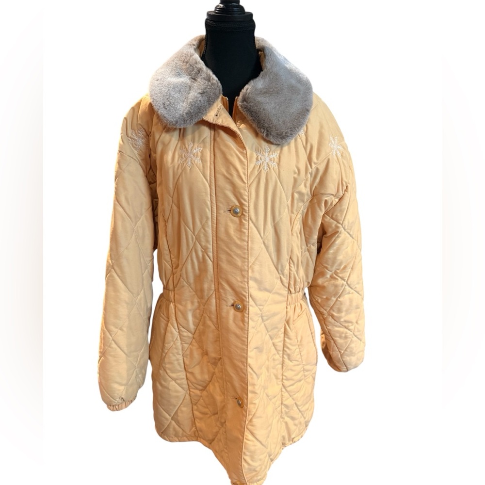 Vintage Sachet Quilted Yellow Winter Coat Women’s Faux Fur Collar 80s 90s